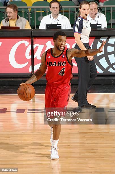 Jamaal Tatum of the Idaho Stampede drives the ball up court during day 2 of the D-League Showcase against the Fort Wayne Mad Ants at McKay Events...