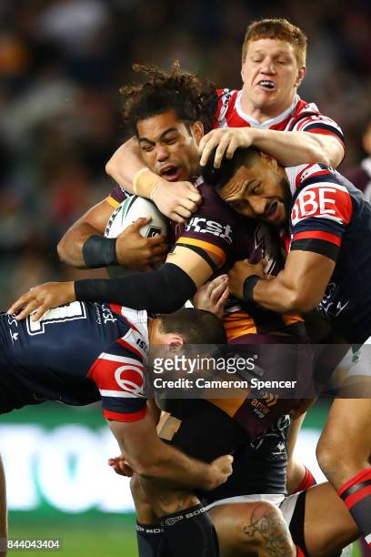Adam Blair of the Broncos is tackled during the NRL Qualifying Final match between the Sydney Roosters and the Brisbane Broncos at Allianz Stadium on...