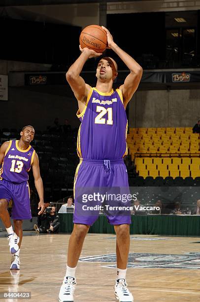 Ashanti Cook of the Los Angeles D-Fenders shoots a free throw during day 1 of the D-League Showcase against the Bakersfield Jam at McKay Events...