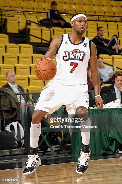 Derrick Byars of the Bakersfield Jam drives the ball to the basket during day 1 of the D-League Showcase against the Los Angeles D-Fenders at McKay...