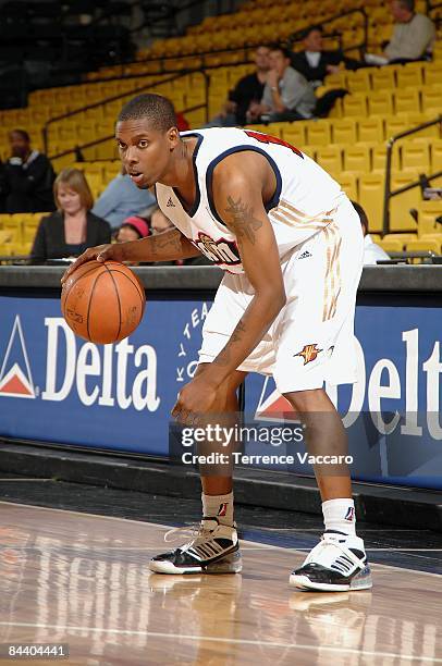 Ashanti Cook of the Bakersfield Jam moves the ball to the basket during day 1 of the D-League Showcase against the Los Angeles D-Fenders at McKay...