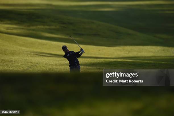 Miho Mori of Japan plays her approach shot on the 1st hole during the second round of the 50th LPGA Championship Konica Minolta Cup 2017 at the Appi...