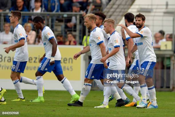 Coke of Schalke celebrate a goal during the preseason friendly match between FC Gütersloh and FC Schalke 04 on August 31, 2017 in Gütersloh, Germany.