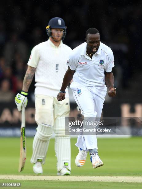 Kemar Roach of the West Indies celebrates dismissing Dawid Malan of England during day two of the 3rd Investec Test match between England and the...