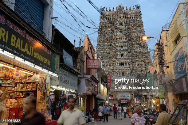 Street around the Meenakshi Amman Temple in Madurai, built around the 17th century AD, the temple is dedicated to Lord Shiva and Goddess Parvati in...