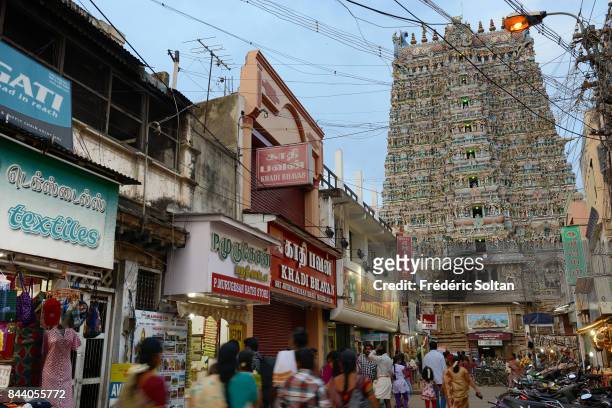 Street around the Meenakshi Amman Temple in Madurai, built around the 17th century AD, the temple is dedicated to Lord Shiva and Goddess Parvati in...