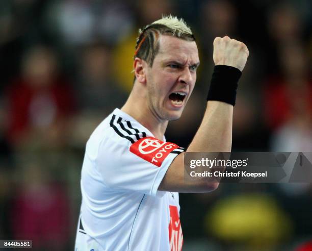 Pascal Hens of Germany celebrates a goal during the Men's World Handball Championships match between Germany and Poland at the Sports Centre Varazdin...