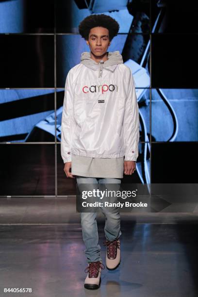 Model walks the catwalk during the Kith Sport Runway show September 2017 at New York Fashion Week on September 7, 2017 in New York City.