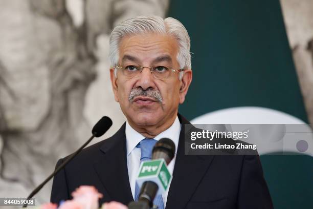 Pakistan Foreign Minister Khawaja Muhammad Asif speaks during a press conference with Chinese Foreign Minister Wang Yi at Diaoyutai State Guesthouse...