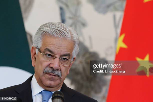 Pakistan Foreign Minister Khawaja Muhammad Asif speaks during a press conference with Chinese Foreign Minister Wang Yi at Diaoyutai State Guesthouse...