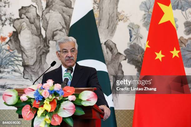 Pakistan Foreign Minister Khawaja Muhammad Asif speaks during a press conference with Chinese Foreign Minister Wang Yi at Diaoyutai State Guesthouse...