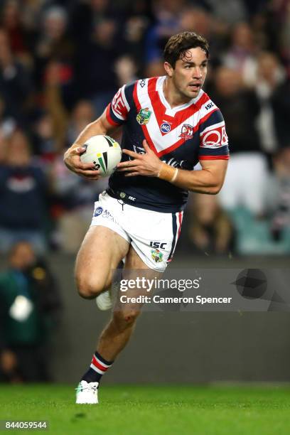 Aidan Guerra of the Roosters crosses the line for a try during the NRL Qualifying Final match between the Sydney Roosters and the Brisbane Broncos at...