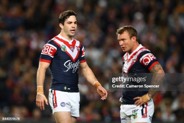 Aidan Guerra of the Roosters talks to team mates during the NRL Qualifying Final match between the Sydney Roosters and the Brisbane Broncos at...