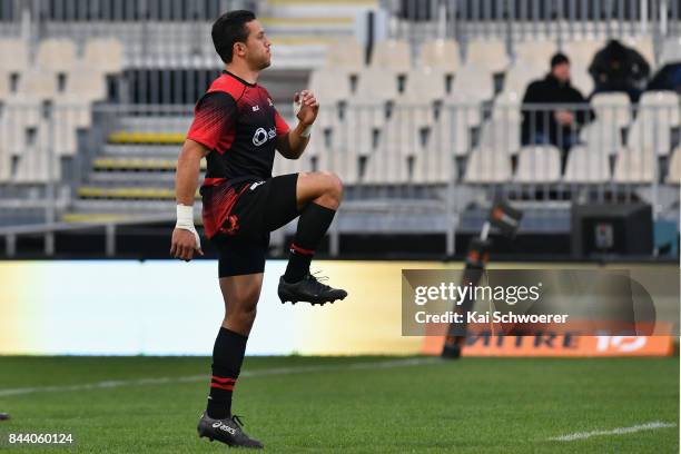 Ereatara Enari of Canterbury warms up prior to the Ranfurly Shield round four Mitre 10 Cup match between Canterbury and Southland on September 8,...