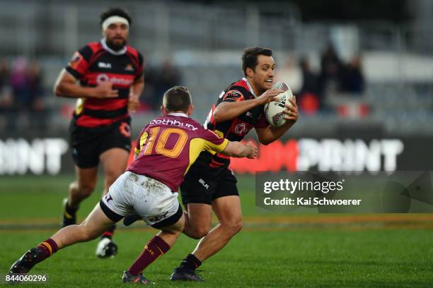 Tim Bateman of Canterbury is tackled during the Ranfurly Shield round four Mitre 10 Cup match between Canterbury and Southland on September 8, 2017...