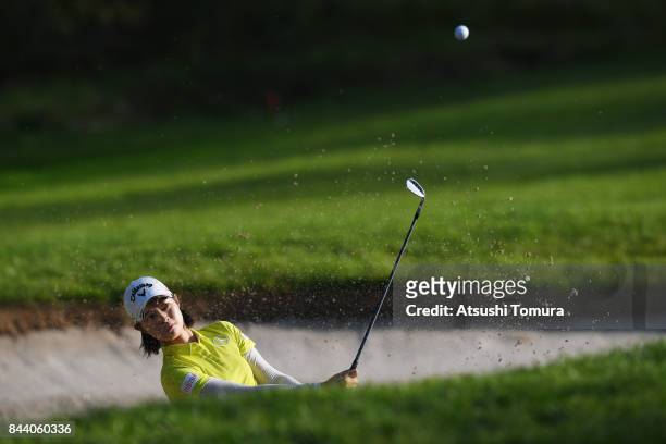 Asuka Kashiwabara of Japan hits from a bunker on the 17th hole during the second round of the 50th LPGA Championship Konica Minolta Cup 2017 at the...
