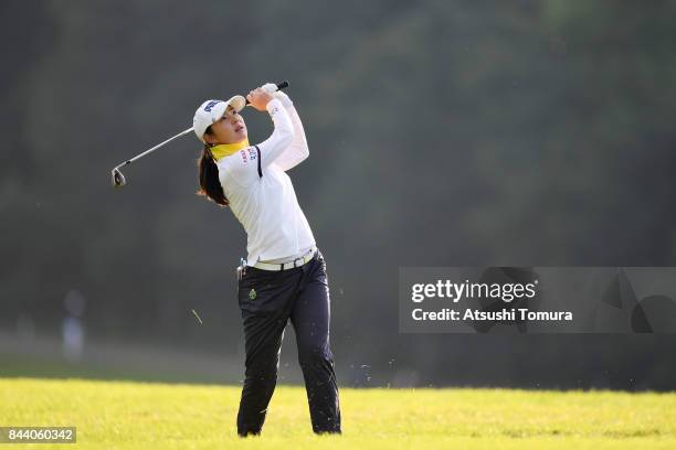 Rie Tsuji of Japan hits her third shot on the 9th hole during the second round of the 50th LPGA Championship Konica Minolta Cup 2017 at the Appi...