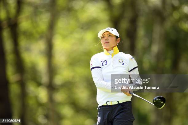 Rie Tsuji of Japan hits her tee shot on the 12th hole during the second round of the 50th LPGA Championship Konica Minolta Cup 2017 at the Appi Kogen...