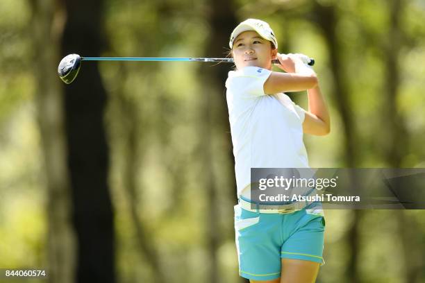 Haruka Morita of Japan hits her tee shot on the 12th hole during the second round of the 50th LPGA Championship Konica Minolta Cup 2017 at the Appi...