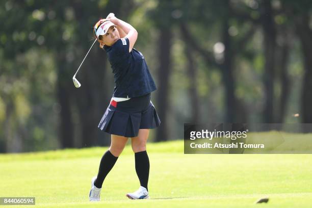 Yumiko Yoshida of Japan hits her second shot on the 18th hole during the second round of the 50th LPGA Championship Konica Minolta Cup 2017 at the...