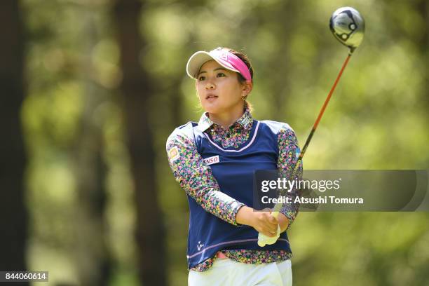 Kana Nagai of Japan hits her tee shot on the 12th hole during the second round of the 50th LPGA Championship Konica Minolta Cup 2017 at the Appi...