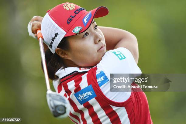 Saki Nagamine of Japan hits her tee shot on the 17th hole during the second round of the 50th LPGA Championship Konica Minolta Cup 2017 at the Appi...