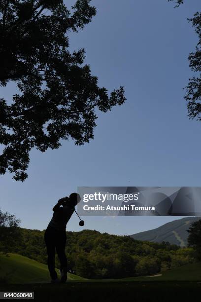 Eri Okayama of Japan hits her tee shot on the 15th hole during the second round of the 50th LPGA Championship Konica Minolta Cup 2017 at the Appi...