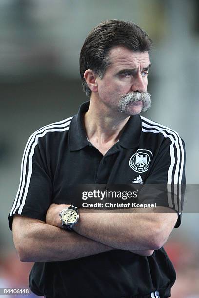 National coach Heiner Brand of Germany is seen during the Men's World Handball Championships match between Germany and Poland at the Sports Centre...