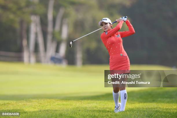Shin-Ae Ahn of South Korea hits her second shot on the 10th hole during the second round of the 50th LPGA Championship Konica Minolta Cup 2017 at the...