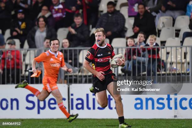 Braydon Ennor of Canterbury runs through to score a try during the Ranfurly Shield round four Mitre 10 Cup match between Canterbury and Southland on...