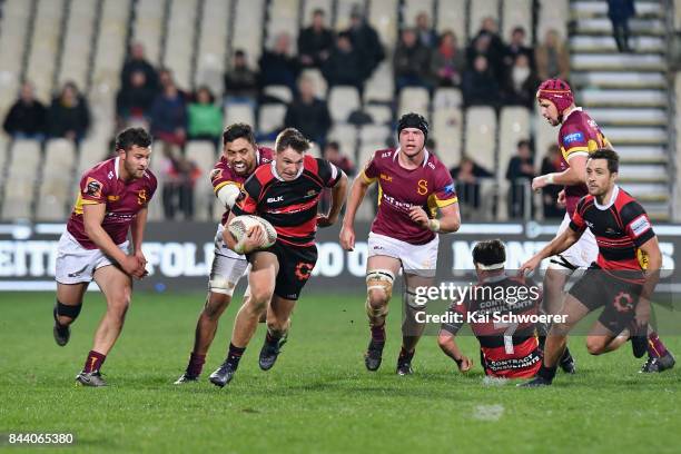 George Bridge of Canterbury charges forward during the Ranfurly Shield round four Mitre 10 Cup match between Canterbury and Southland on September 8,...
