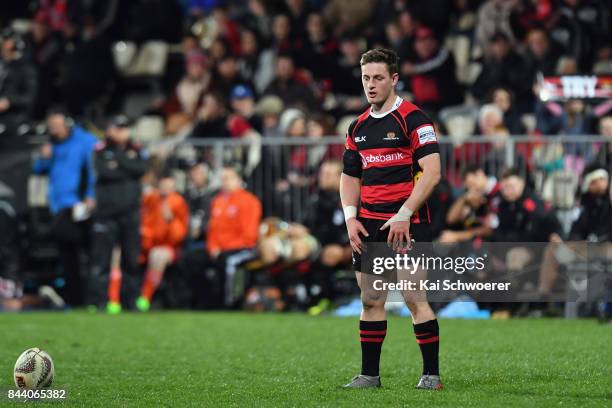 Brett Cameron of Canterbury looks to kick a conversion during the Ranfurly Shield round four Mitre 10 Cup match between Canterbury and Southland on...