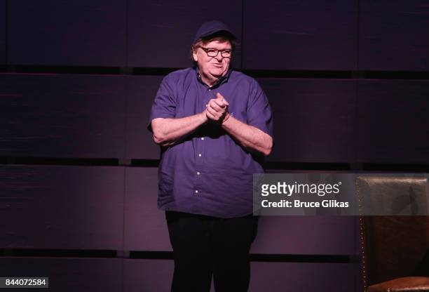 Michael Moore performs in "Michael Moore's play "The Terms of My Surrender" on Broadway at The Belasco Theatre on September 7, 2017 in New York City.