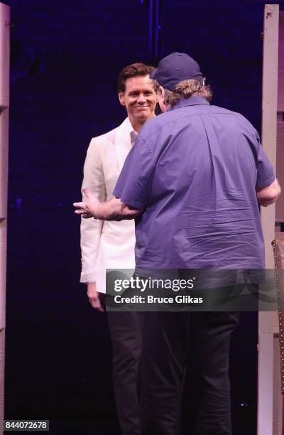 Jim Carrey and Michael Moore perform as Carrey guest stars and makes his broadway debut in "Michael Moore's play "The Terms of My Surrender" on...