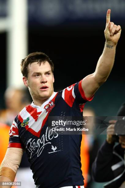 Luke Keary of the Roosters celebrates victory during the NRL Qualifying Final match between the Sydney Roosters and the Brisbane Broncos at Allianz...