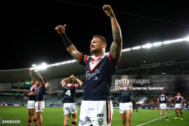 Jared Waerea-Hargreaves of the Roosters celebrates winning the NRL Qualifying Final match between the Sydney Roosters and the Brisbane Broncos at...