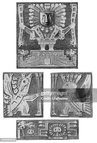 stockillustraties, clipart, cartoons en iconen met details van de monoliet tiahuanaco deur bolivia 1858 - ruïnes van tiahuanaco