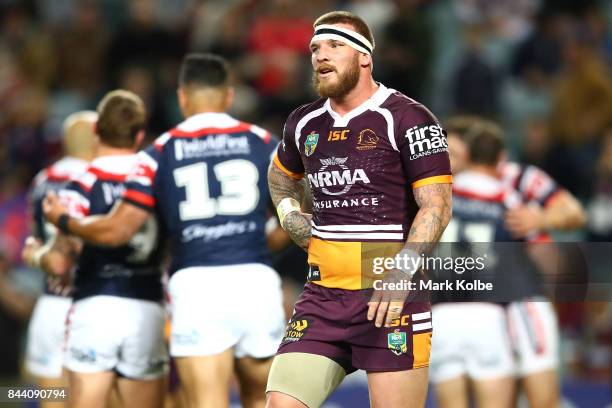 Josh McGuire of the Broncos looks dejected after a Roosters try during the NRL Qualifying Final match between the Sydney Roosters and the Brisbane...