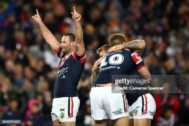 Boyd Cordner of the Roosters celebrates winning the NRL Qualifying Final match between the Sydney Roosters and the Brisbane Broncos at Allianz...