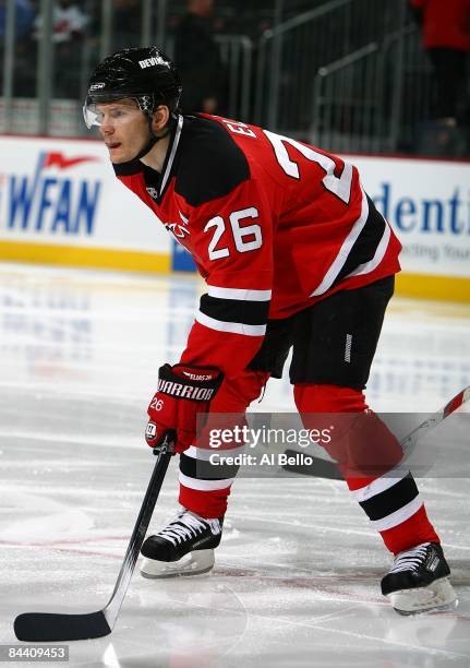 Patrik Elias of the New Jersey Devils in action against the Montreal Canadiens during their game on January 21, 2009 at The Prudential Center in...