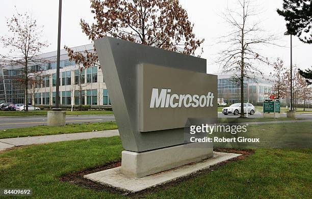 Microsoft sign sits on their campus January 22, 2009 in Redmond, Washington. The company annouced earlier today they would be laying off up to 5000...