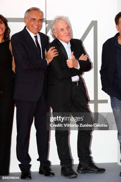 Festival director Alberto Barbera and Abel Ferrara walk the red carpet ahead of the 'Il Signor Rotpeter' and 'Piazza Vittorio' screening during the...