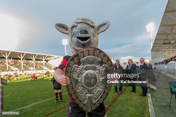 Canterbury mascot Larry the Lamb poses with the Ranfurly Shield prior to the Ranfurly Shield round four Mitre 10 Cup match between Canterbury and...