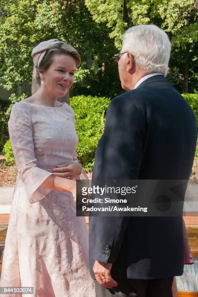 Queen Mathilde of Belgium speaks with Paolo Baratta, president of Biennale, at Giardini area of the 57 International Art Biennale at in Venice on...