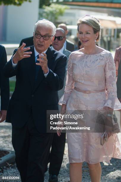 Queen Mathilde of Belgium speaks with Paolo Baratta, president of Biennale, at Giardini area of the 57 International Art Biennale at in Venice on...