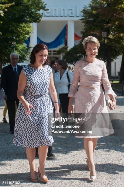 Queen Mathilde of Belgium visits the 57 International Art Biennale at Giardini area in Venice on September 8, 2017 in Venice, Italy.