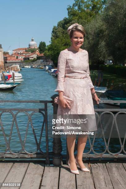 Queen Mathilde of Belgium visits the 57 International Art Biennale at Giardini area in Venice on September 8, 2017 in Venice, Italy.