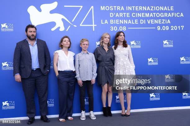 Actor Denis Menochet, Sophie Pincemaille, actor Thomas Gioria, Lea Drucker and actress Mathilde Auneveux attend the photocall of the movie "Jusqu'à...