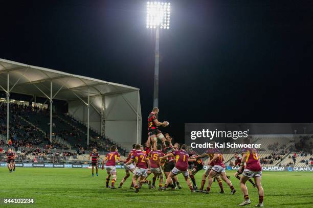 General view of AMI Stadium as Dominic Bird of Canterbury wins a lineout during the Ranfurly Shield round four Mitre 10 Cup match between Canterbury...