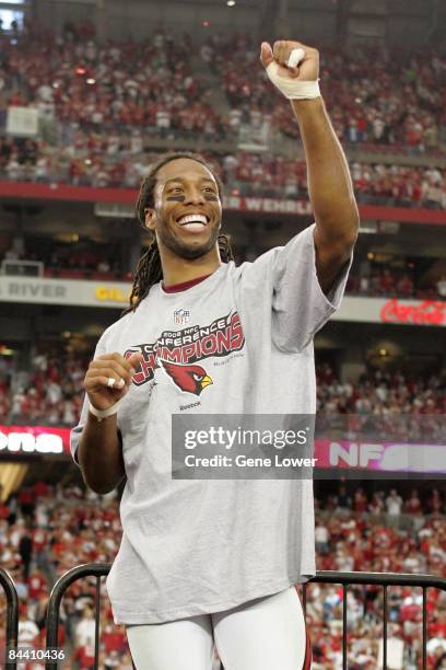 Arizona Cardinals wide receiver Larry Fitzgerald celebrates after the NFC Championship game against the Philadelphia Eagles at University of Phoenix...